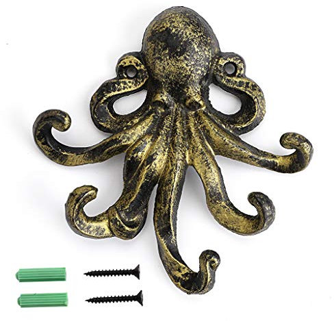 BSTKEY Cast Iron Octopus 5 Tentacles Decorative Wall Hook - Rustic Towel Hook Key Hook Coat Coat Rack Towels Holder (Green Bronze)