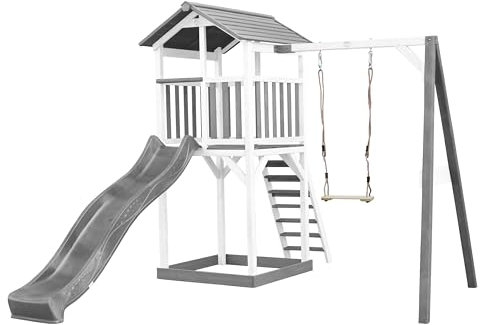 AXI Beach Tower Aire de Jeux avec Toboggan en Gris, Balançoire & Bac à Sable | Grande Maison Enfant extérieur en Gris & Blanc | Cabane de Jeu en Bois FSC