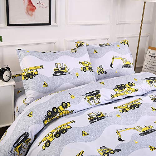 AShanlan Bettwäsche 140x200 Kinder Jungen Weiß Grau Bagger Motiv Kinderbettwäsche Set mit Kopfkissenbezug 70x90 aus 100% Weich Mikrofaser JungenBettwäsche