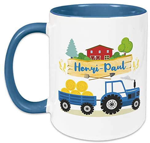 GRAZDesign Kindertasse mit Namen, Tasse Kinder, personalisierte für Junge Trinkbecher Kindergeschirr Kinder Becher Hellblau, Keramik BPA-frei, Motiv Trecker mit Anhänger