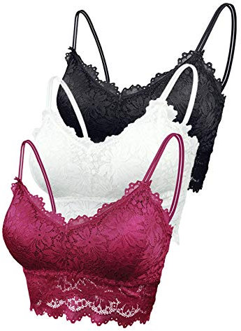 FEOYA - Damen-BH mit Spitze, 1 Stück / 3 Stück / 6 Stück, abnehmbar, mit Polster, ohne Bügel mit doppelten Trägern, für Yoga und den täglichen Gebrauch, 3 Stück - 2, XL