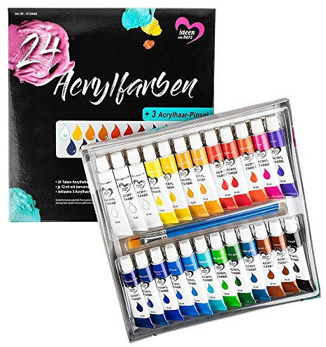 Ideen mit Herz Juego de pinturas acrílicas con 24 tubos de 12 ml, 22 colores diferentes, 3 blancos, calidad artística, perfecto para niños y artistas, incluye 3 pinceles de pelo acrílico