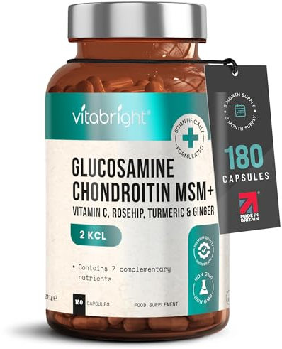 VitaBright Glucosamine and Chondroitin High Strength | 180 Capsules | 2127mg Vitamin C, MSM, Chondroitin & Glucosamine Sulphate Combination Supplements | Joint Care Supplements for Women & Men