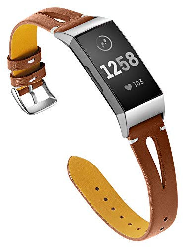 AISPORTS Compatible avec Fitbit Charge 3 /Fitbit Charge 4 Bracelet Cuir, Bracelet en Cuir Respirant et Mince, Souple et Creux Bracelet à Boucle en Métal Bracelet de Remplacement pour Fitbit Charge 3/4