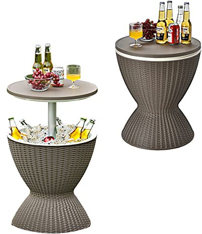 RELAX4LIFE 3 en 1 Mesa Nevera Jardin 30L con Tapa Extraíble Tablero Elevable 57,5/82 cm, Mesa Jardin Exterior de Ratán PP con Orificio de Drenaje, Hielera para Fiestas, Camping, Carga 75KG (Café)