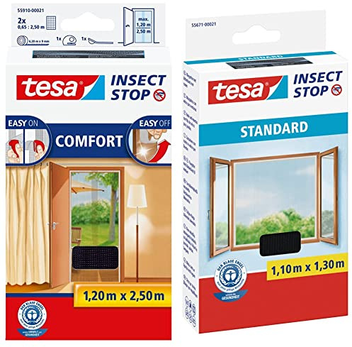 tesa Insect Stop COMFORT Fliegengitter für Türen - Insektenschutz Tür mit Klettband(2 x 65 cm)120 cm x 250 cm & Insect Stop STANDARD Fliegengitter für Fenster - 110 cm x 130 cm