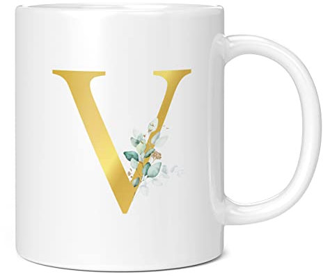 Taza de café con letra V personalizada, regalo personalizado, letra impresa con efecto dorado, no metálica, taza de café de cerámica para hombres o mujeres, taza extra grande y gigante, taza blanca