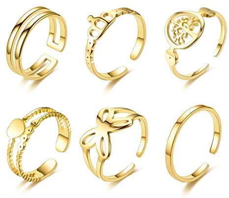 JewelryWe Schmuck 6pcs Damen-Ring Elegant Schmetterling Baum des Lebens Herz Krone Zweischichtig Edelstahl Offene Ringe für Frau Mädchen Gold