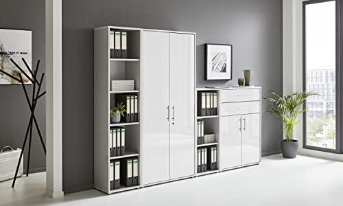 BMG Möbel Aktenschrank Office Edition Set 22, Büroschrank abschließbar mit Metallgriffen Made in Germany (Lichtgrau/Weiß Hochglanz)