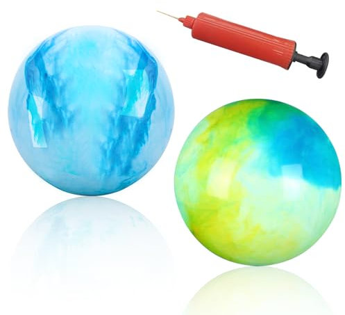 BLMHTWO 2 Pcs Marbleized Bouncy Balls Fun Bouncy Balls With Pump for Boys Girls Inflatable Playground Sensory PVC Bouncy Balls for Adults Pet Party Beach(white, blue-green and yellow-green)
