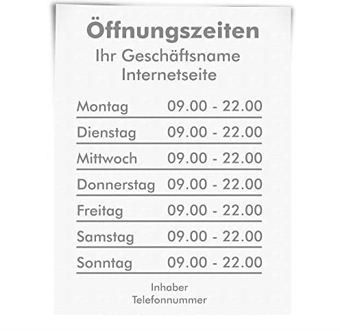 Öffnungszeiten Aufkleber - silber - ohne Rahmen - Schaufensterbeschriftung für Werbung Laden Geschäft - Bistro Scheibe