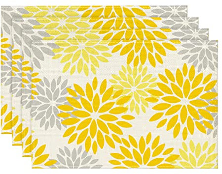 Artoid Mode Blumen Gelb Dahlien Sommer Platzsets 4er Set, 30x45cm Urlaub Tischsets Waschbar Platzdeckchen Küche Party Deko