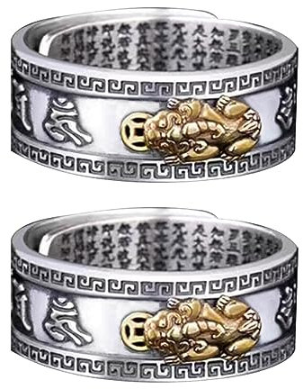 SLIVERBA Pack of 2 Feng Shui Pixiu Mantra Ring,Feng Shui Ring Öffnung Einstellbare Mantra Amulett Reichtum Glück Ring Geschenk,Schmuck Geschenke für Männer Frauen Verstellbare Größe