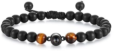 Lam Hub Fong Bracelet Photo Personnalisé Projection Perle Bracelet Oeil de Tigre Homme Bijoux Cadeau pour Réglable St Valentin Anniversaire (Noir+Marron)