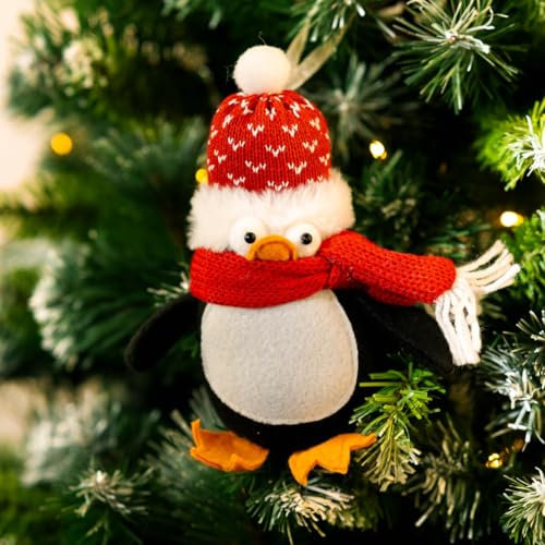 Marco Paul Plush Penguin Christmas Pendant - 18cm Durable Novelty Xmas Ornament with Santa Hat & Hanging Ribbon - Festive Felt Figurines for Red Christmas Tree Decorations, White Baubles, Home Decor