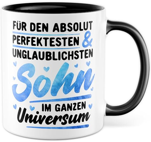 Sohn Tasse mit Spruch - Geschenk Für den absolut perfektesten & unglaublichsten Sohn im ganzen Universum - Kaffeetasse aus Keramik 330ml - Geburtstag Weihnachten Eltern Kaffee-Becher (Weiß/Schwarz)