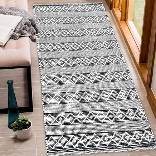 Chardin home Boho-Läufer, handgewebter Bauernhaus-Teppich, ideal für Küchen, Eingänge, Badezimmer, Meditationsmatte, maschinenwaschbare und wendbare Baumwollteppiche, Schwarz und Elfenbeinfarben