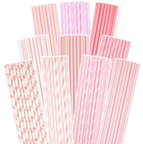Gcardist Lot de 150 pailles jetables en papier rose (10 motifs)