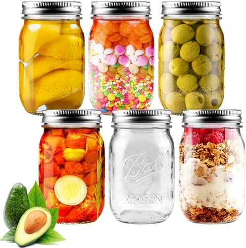 Showvigor 6 Pack Regular Mouth Mason Jars 16oz Glass Canning Jars with Airtight Lids for Preserving, Jam, Honey, Jelly, Wedding Favors, Sauces, Meal Prep, Overnight Oats, Salad, Yogurt