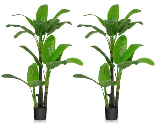 COSTWAY Artificial Banana Plant in Plastic Pot, Bird of Paradise Tree, Indoor Outdoor Greenery Fake Decorative Plants for Home Office Lobby Restaurant Garden(2, 150CM, 3 Trunks)