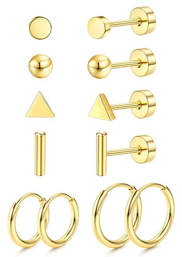 JeweBella 6 Paar G23 Titan Ohrringe für Damen, Herren, Kinder - Medizinische Hypoallergene Ohrstecker Set - Klein, Creolen, Gesundheitsstecker - Piercing Ohr in Silber/Gold/Schwarz