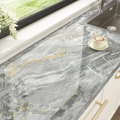 HotDecor Grey Gold Marble Wallpaper Kitchen Worktop Covering Vinyl Self Adhesive Wallpaper Marble Sticky Back Plastic Vinyl Wrap for Furniture Grey Marble Effect Wallpaper for Living Room 60cm X 300cm
