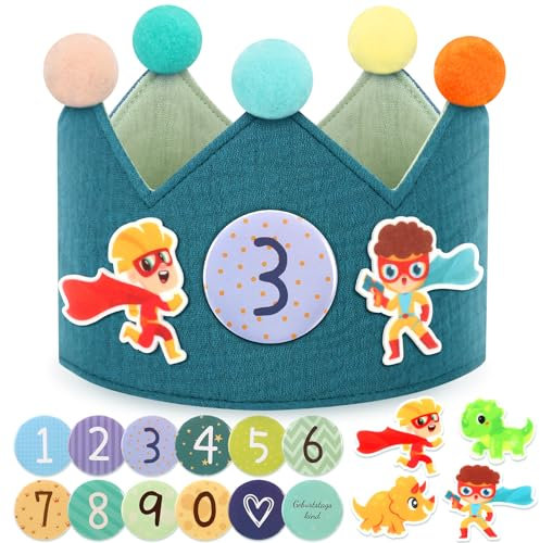 POOTACK Geburtstagskrone Mädchen & Junge, Musselin Geburtstag Krone Blau, 12 Klett Button mit Zahlen, Geburtstagskrone Jungen mit Filzdekoration - Krone Geburtstag für Jungen & Mädchen