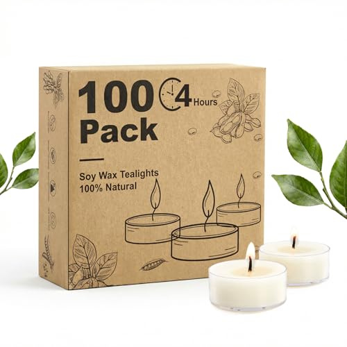 Hypmis Sojawachs Teelichter 4 Stunden Brenndauer, 100 Stück weiße Kerzen, Geruchsneutral, Rauchfrei & Paraffinfrei mit Acrylhülle für Weihnachten, Hochzeit, Party & Deko