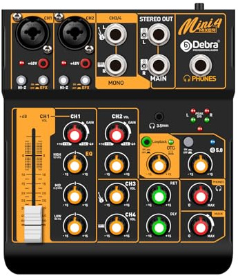 Audio Mixer D Debra Audio Mini4 Tragbare 4-K DJ Mixer Konsole, Sound Mixing Board mit USB Bluetooth 48V Phantomspeisung, Audiokonsole für Live Hochzeit Party Recording Broadcast (Mini4)