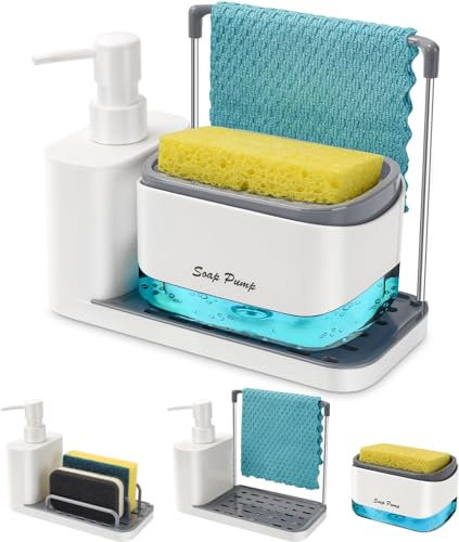 Dispenser Sapone Cucina Bianco,Yulado Porta Sapone Cucina 4 in 1, per lavello, per pompa con porta spugna, Dispenser di detersivo ricaricabile…