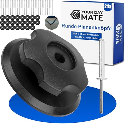 Kit de Boutons de bâche Ronds à Riveter, 24 pcs, y Compris Rivets M4 x 18 mm, Boutons Ronds de Ø 36 x 14 mm pour Les élastiques de Tension des Filets de remorque et des bâches