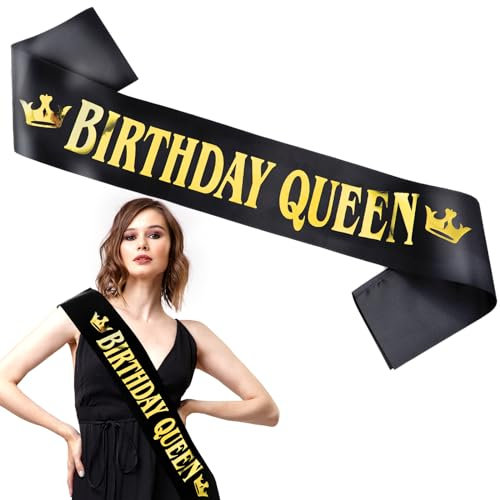 Grevosea 1 Stück Happy Birthday Queen Geburtstag Schärpe, Birthday Girl Sash, schwarzer Satin Geburtstag Schärpe, Birthday Queen Banner für Geburtstag Party Deko Zubehör,Geburtstagsfeier Accessoires