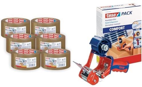 tesa tesapack Ultra Strong im 6er Pack - PVC-Klebebänder für festes Verpacken und sicheres Bündeln & 6400 Packband Handabroller COMFORT - Hochwertiger, robuster Abroller für Paketbänder