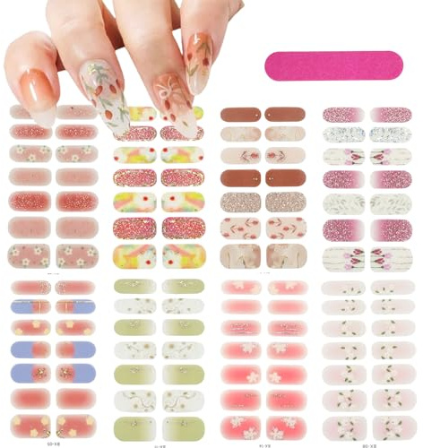 8 Sheets Gel Nail Polish Strips Stickers, Spring Flowers Gloss Full Nail Wraps Stickers, Self Adhesive Nail Art Decal Strips with Nail File, Nail Polish Decals for Women Girls Manicure Decoration