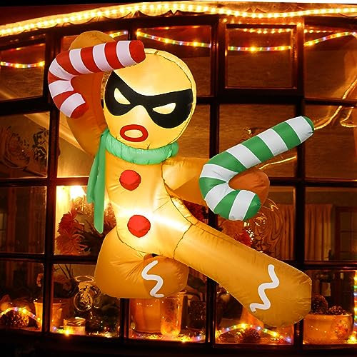 Fayavoo Christmas Inflatables Outdoor Decorations, 3.5 FT Inflatable Kung Fu Gingerbread Man with Candy Cane Broke Out from Window, Blow Up Funny Christmas Decorations with LED Lights for Garden Yard