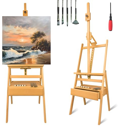 QML Caballete pintura profesional MONET con cajón para pinturas Altura Ajustable para lienzos grandes Caballete de Madera de Haya para Pintar, Fácil de Montar para Adultos, niños