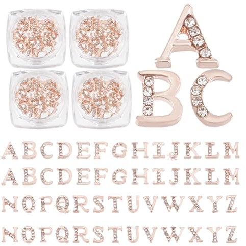 OLYCRAFT 104pcs/4 Sets Rose Gold Rhinetone Letters 26-Letters Charms with Rhinestone A~Z Letter Rhinestone Resin Fillers Rose Gold Alphabet Nail Charms for Nail Arts Decoration Resin Jewelry Making