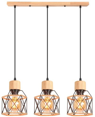 iDEGU 3-flammig Hängelampe Vintage 15CM Industrie Pendelleuchte aus Metall und Holz Käfig Lampenschirme mit Hanfseil Retro E27 Kronleuchter Schwarz Hängeleuchte für Esszimmer Wohnzimmer Küche (Balken)