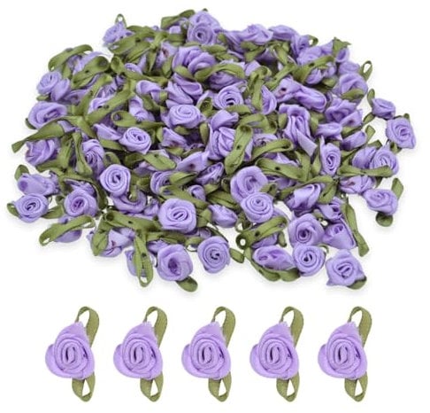 celloexpress 15mm Lilac #13 Satin Ribbon Roses with Green Leaves - Small Flower Buds - Crafts, Embellishments (Pack of 50)