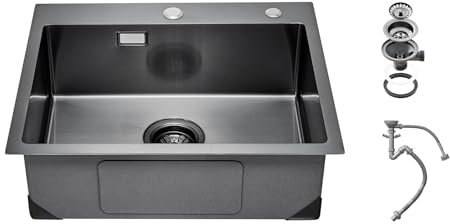 VEVOR Fregadero de Cocina de Acero Inoxidable 304 con Montaje Superior, con Accesorios, Fregaderos de Lavavajillas Domésticos para RV, Cocina de Preparación y Barra (Negro), 680 x 450 x 190 mm