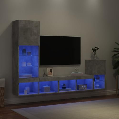 AJJHUUKI Home-Entertainment Centers & TV-Ständer, 4-teilige TV-Wohnwand mit LED, Betongrau, Holzwerkstoff