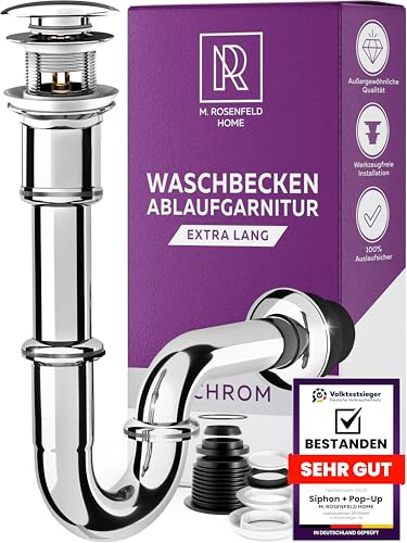 M. ROSENFELD HOME Extra Lang Siphon Waschbecken Ablaufgarnitur mit Überlauf POP UP - Größe XL Abflussrohr für Waschtisch - Geruchsverschluss Röhrensiphon aus Edelstahl