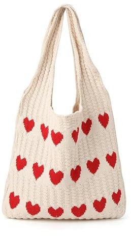 Must Haves Gestrickte Umhängetasche the Tote Bag 36x30cm Gestrickte Tasche Gehäkelte Tragetasche Mit Süßem Herzmuster Häkeltasche Tote Bag Hobo-Tasche Gestrickt für Teenager Und Mädchen Herzförmige
