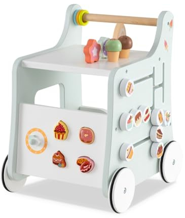 LIFEZEAL Trotteur Bebe Evolutif en bois, Chariot de Marche Bébé avec Accessoires Adorables, Jouet d'éveil Montessori avec Roues, Compartiment, Baby Walker pour Enfants Garçon Fille 1+ an (Vert)