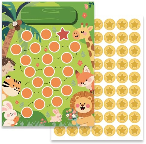 BIROYAL Kinder Belohnungstafel Set mit 12 Wald Belohnungstafel und 4 Stern-Sticker - Aufgabentafel für Kinder Belohnungssystem - Motivierendes Konzept für Jungs und Mädchen für Gute Gewohnheiten