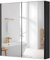 COSTWAY Bathroom Mirror Cabinet, Wall Mounted Storage Cupboard with Shelf, Home Kitchen Living Room Display Organiser Unit (Double Door, Black)