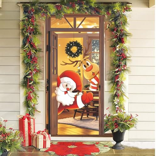 Weihnachtsdeko Tür, 200 x 90 cm Weihnachten Tür Abdeckung Dekoration, Weihnachtsdeko, Türdeko Weihnachten, Hängebanner Weihnachten Weihnachtsmann und Elch, Weihnachtsbanner für Weihnachtsfeier Deko