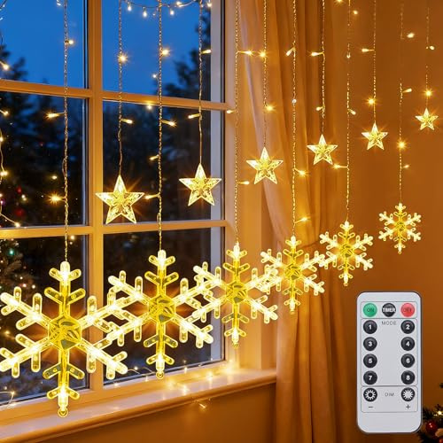 Qoosea Schneeflocke Lichtervorhang Innen, 4.2M 126 LED Stern Lichterketten Vorhang 8 Modi, Wasserdicht Fenster Weihnachtesbeleuchtung Deko für Weihnachten Hochzeit Garten Innen Außen, Warmweiß