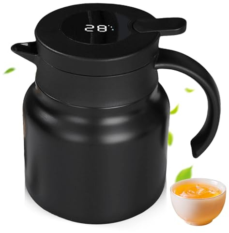 Thermos da 1,5 l, in acciaio inox, teiera termica 316, isolamento sottovuoto a doppia parete, 24 ore, termico, con indicatore di temperatura per caffè, tè, acqua e bevande (nero)