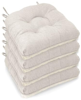 Casabella Chair pads - Dining Chairs Cushion - 4 Pc Cushions 45x45+8cm Non Slip Backing Chairpads - Tufted Seat pads With Ties - Durable & Soft Cushions for Kitchen, Garden - Ivory